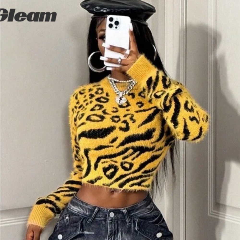 SHEIN Yellow and Black Animal Print Crop Sweater